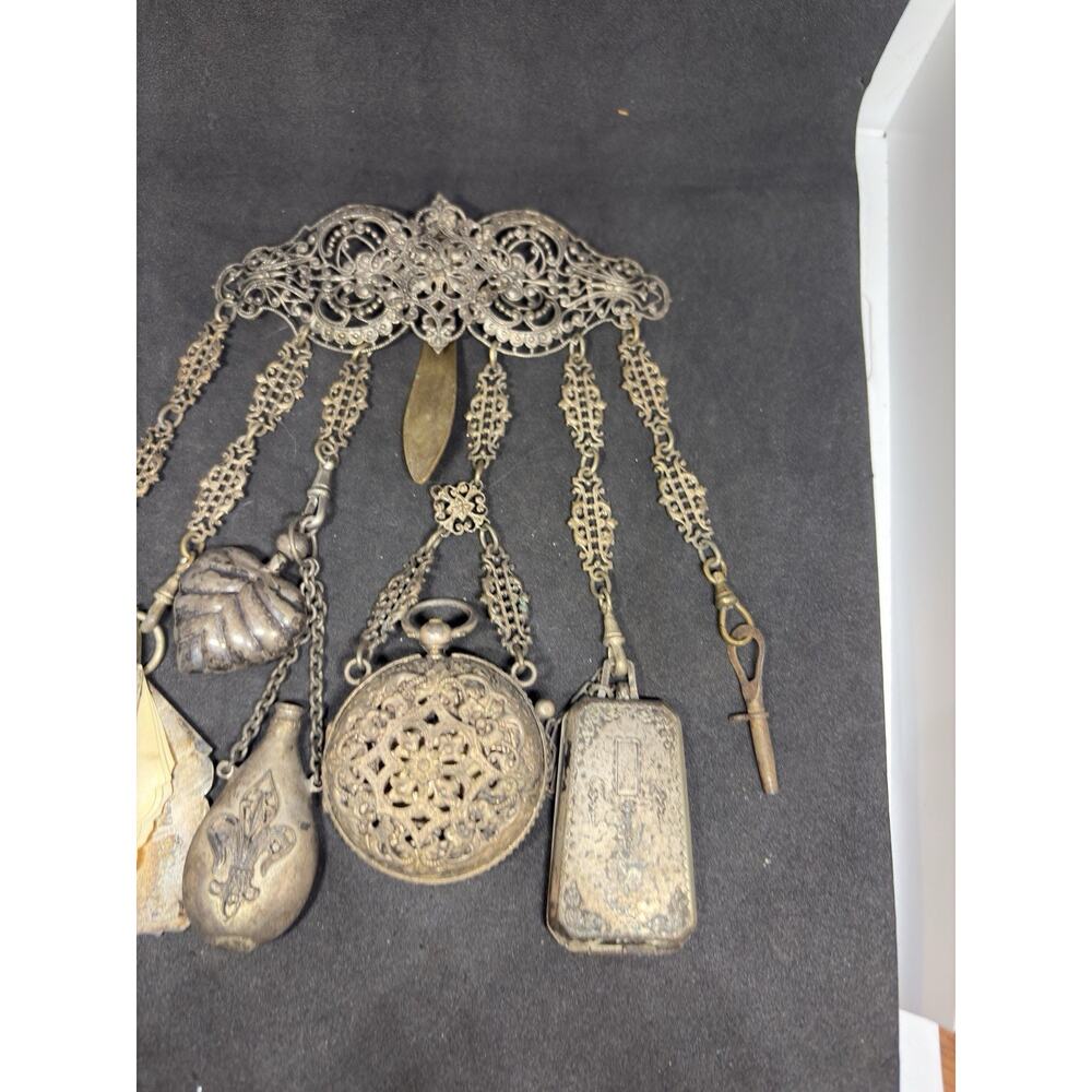 Rare Victorian Chatelaine 19C 7 Piece Scent Bottle Watch Powder Compact Notebook - Picture 5 of 13